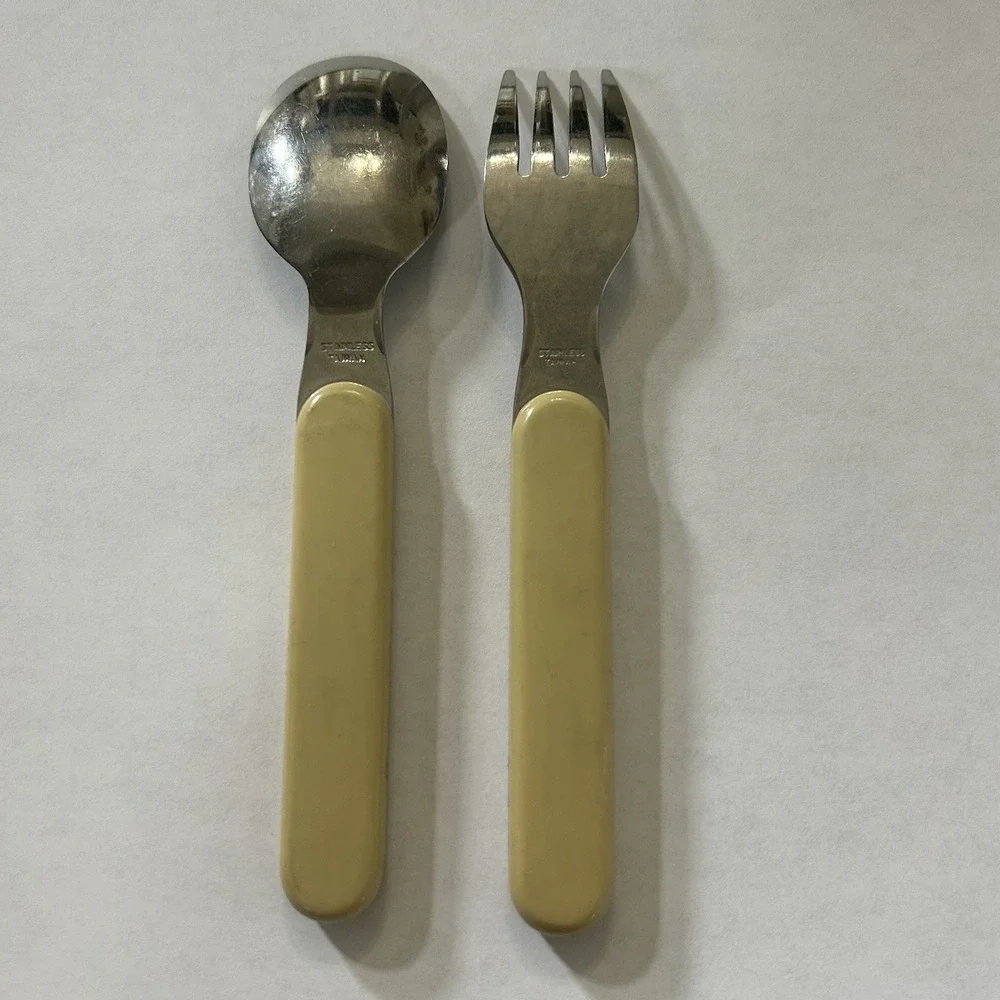 Fraser Kids 2pc Stainless Steel Spoon & Fork Set Beige Geometric Plastic Handles